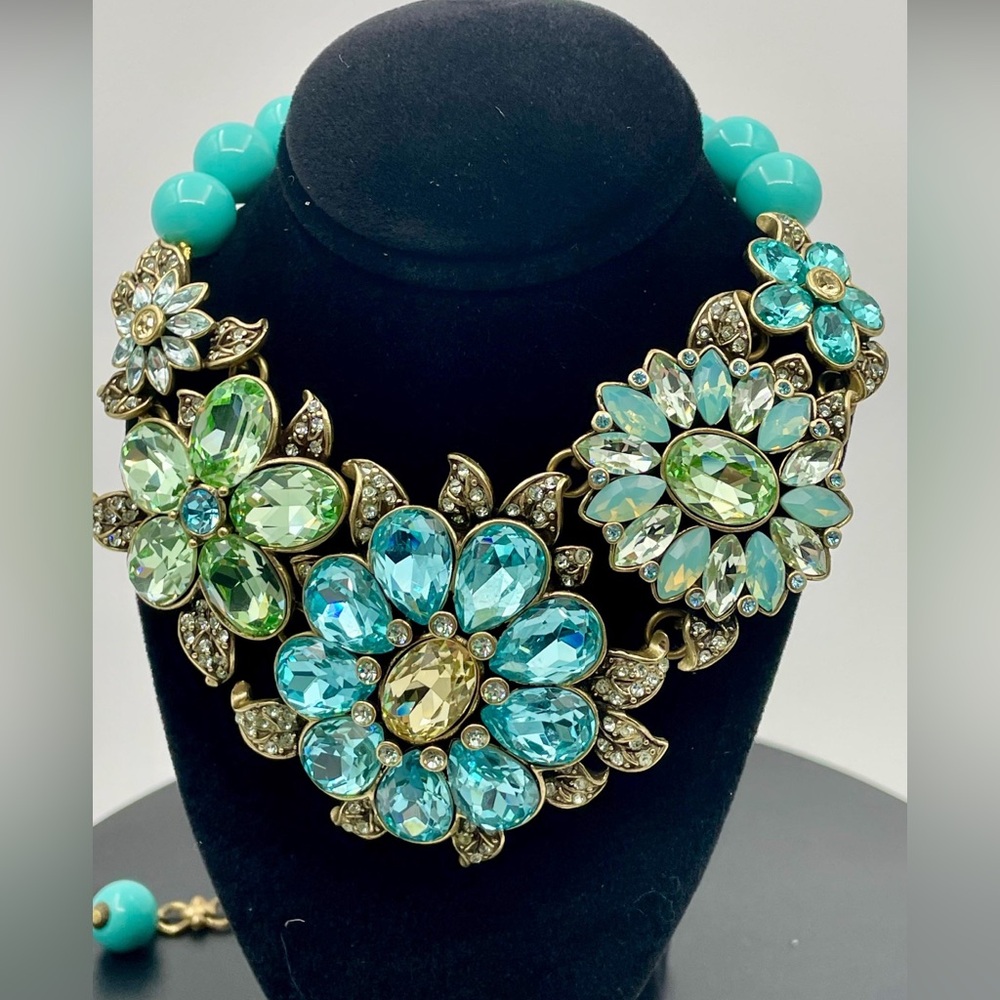 Heidi Daus  Floral Crystal Bib Necklace | Aqua Beads, Blue & Green Rhinestones